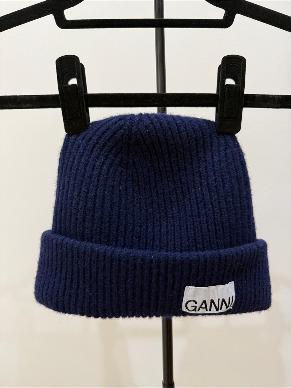 Ganni Navy Oversized Wool Rib Knit Beanie